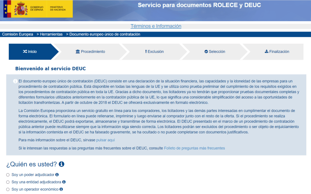 Inicio del servicio DEUC del Ministerio de Hacienda, eligiendo tipo de operador