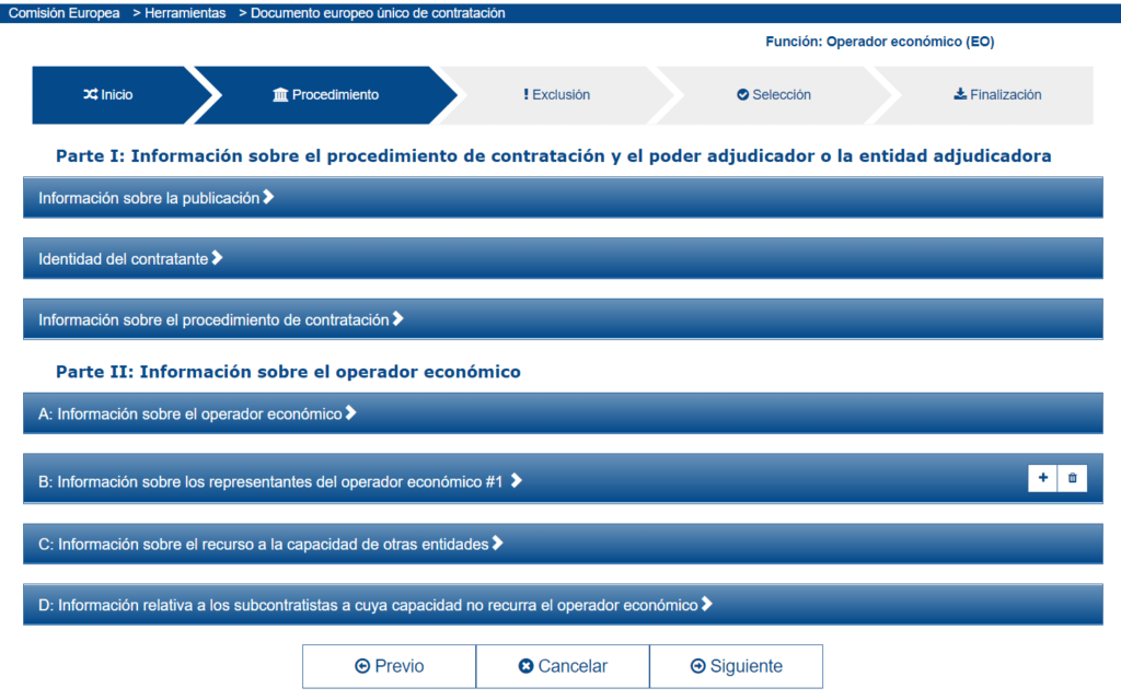 Partes I y II del DEUC: datos del procedimiento, del órgano y del licitador