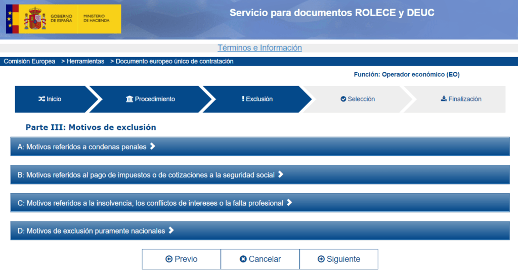 Parte III del DEUC, motivos de exclusión: condenas, impuestos e insolvencia