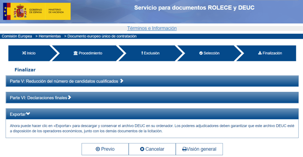 Pantalla final del DEUC, con las partes V y VI y el botón de exportar