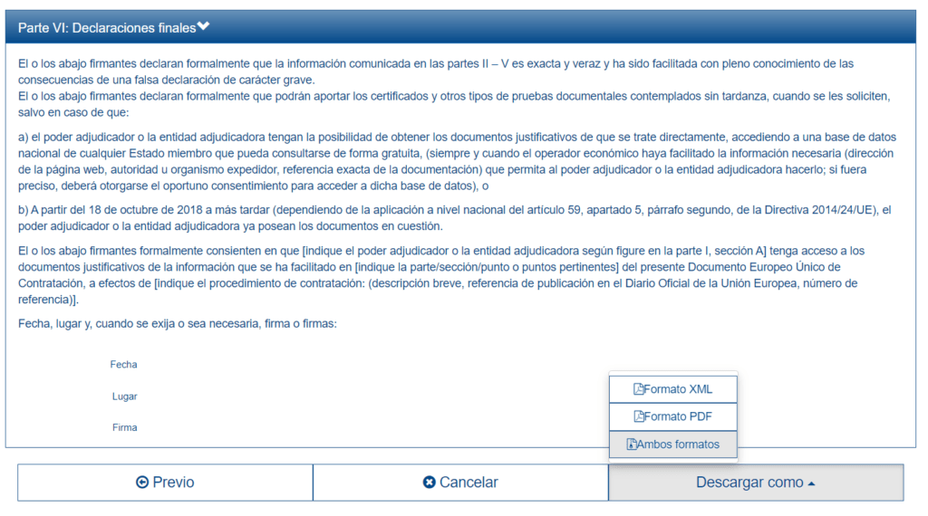 Parte VI del DEUC, declaraciones finales, con la firma y la descarga en XML o PDF