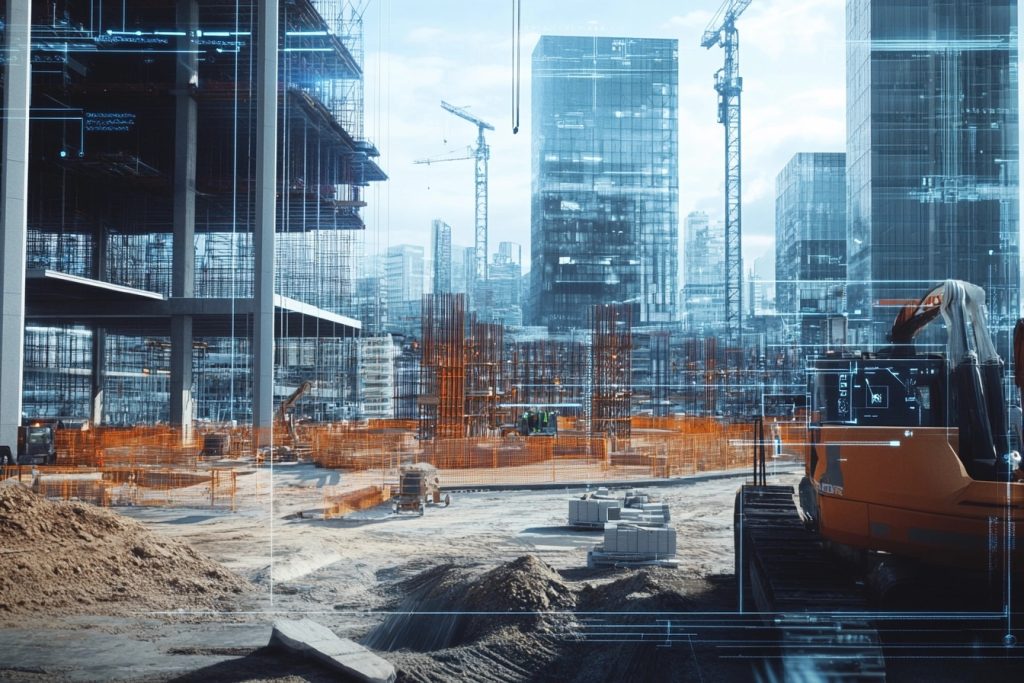Obra de edificación urbana con la ferralla de los pilares y grúas torre al fondo