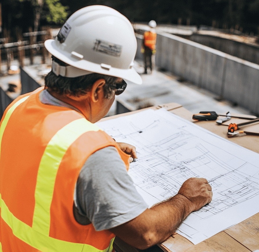 Jefe de obra con casco y chaleco consultando los planos junto a la estructura