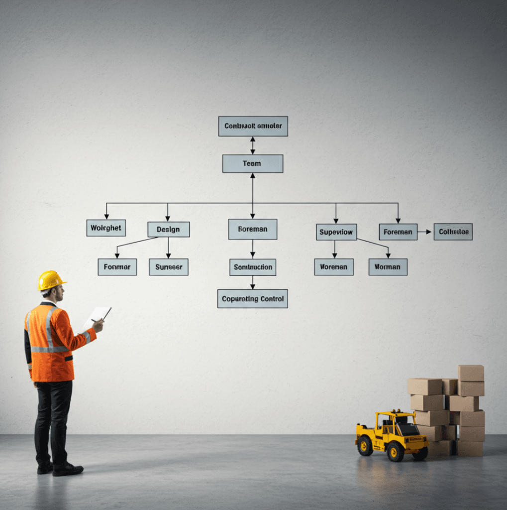 Técnico de obra ante un organigrama dibujado en la pared de una nave